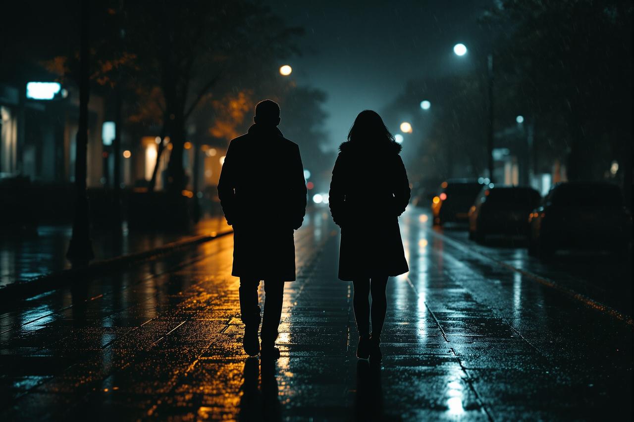 吃瓜大全 - 娱乐圈知名夫妻宣布离婚,第三者身份曝光竟是圈内当红小花,狗血剧情反转再反转 娱乐圈知名夫妻宣布离婚,雨夜中两人走向不同方向的剪影